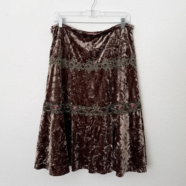 [Vintage] 90s Y2K Crushed Velvet Lace Fairycore Whimsigoth Boho Midi Skirt Sz 12 - Image 2