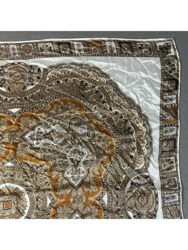 Vintage Square Mandala Pattern Silky Scarf in Cream and Brown Boho Medallion - Image 4