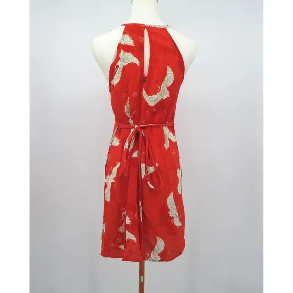 Billabong Red Crane Print Halter Mini Dress Women Medium Keyhole Neck Tie Waist‎ - Image 3
