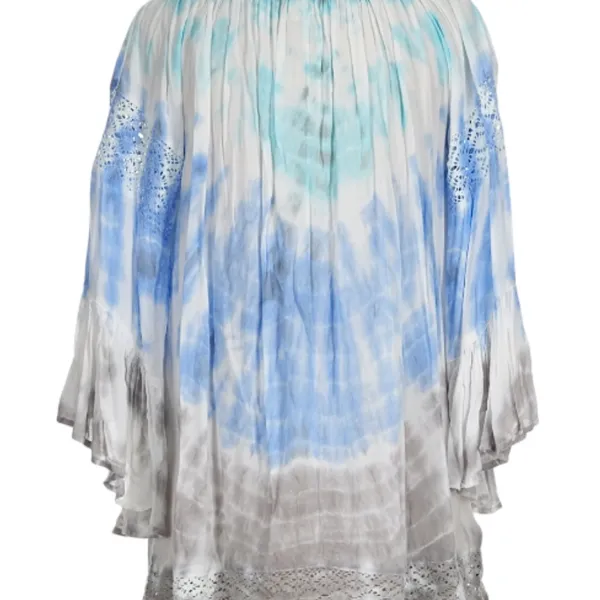 Surf Gypsy Tie-Dye Aquamarine, Blue, White and Gray Boho Whimsy Flowy Blouse - Image 7