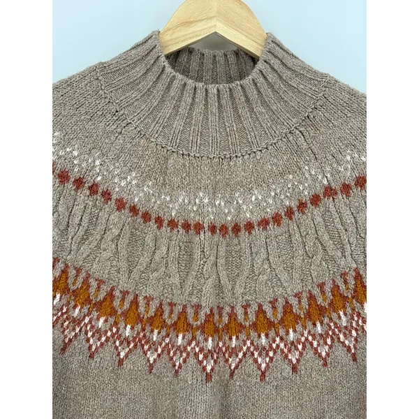 Artelier Nicole Miller Fair Isle Mock Neck Sweater Medium Brown Nordic Yoke Knit - Image 4