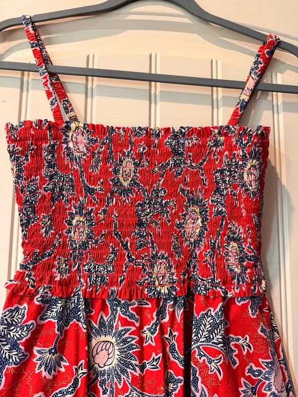 A.L.C. Red Floral Smocked Cotton Midi Dress Size 6 Tiered Sundress 100% Cotton - Image 2
