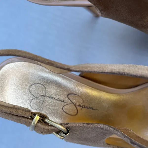 Jessica Simpson Nude Elso Dusty Taupe Open Toe Leather Suede T-Strap Heels - Image 6