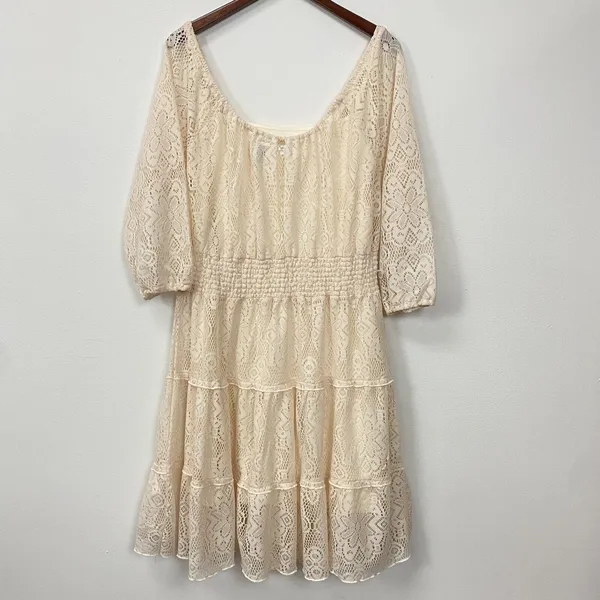 Allison Britney Beige Cream Lace Tiered Lined‎ Midi Dress Sz L Boho Off Shoulder - Image 6