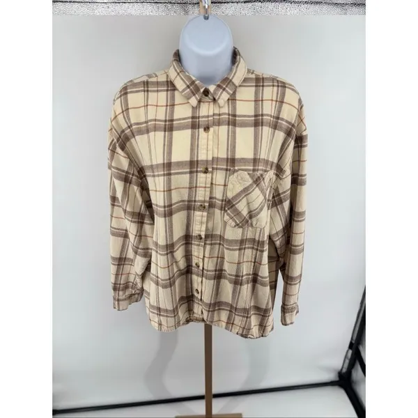 Dizzy Lizzy Plaid Flannel Button Down Shirt Large Cream - Image 6