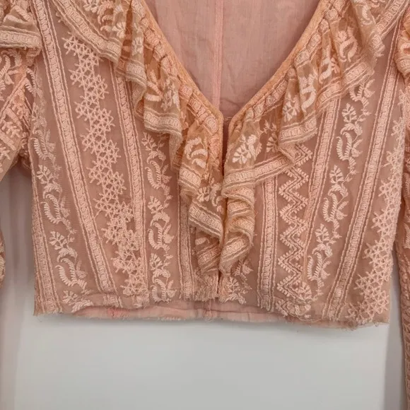 LoveShackFancy Macey Crop Top XS Rosewater Pink Lace Ruffle Long Sleeve Blouse‎ - Image 7