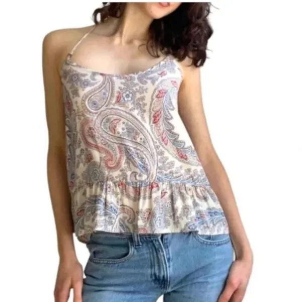 Abercrombie‎ & Fitch Sz XS White Red Paisley Strap Peplum Tank Top - Image 2