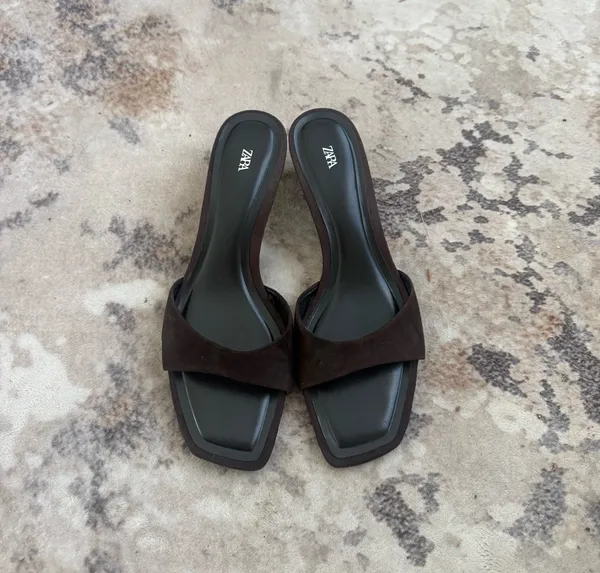 Zara Brown Suede Open-Toe Mid Heel Slide Mules - Image 3