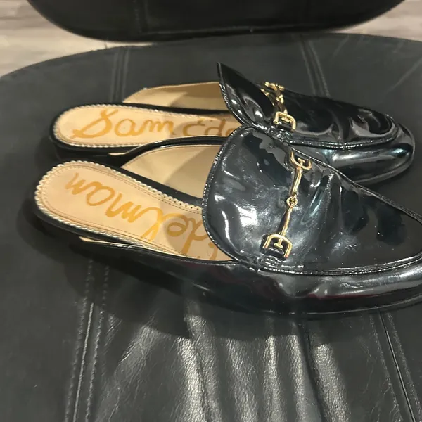 Sam Edelman Black Patent Mules with Gold Detail - Image 8
