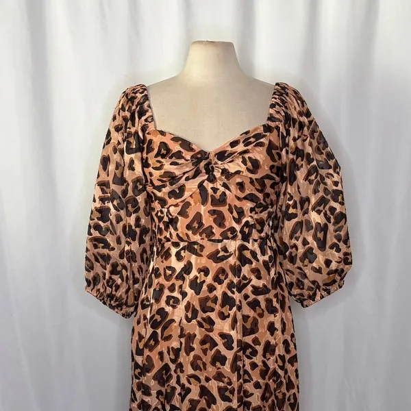 Anthropologie HUTCH Twist Puff Midi Dress Animal Leopard Print Smocked Medium - Image 3