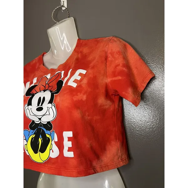 Disney Shirt Juniors XS Red Minnie Mouse Graphic Tie Dye Cropped Tee Top - Image 3