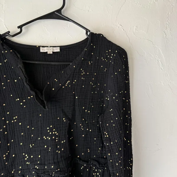 Peace n' love Blouse Womens Medium Black Gold Dot Long Sleeve Peplum‎ Top Boho - Image 2