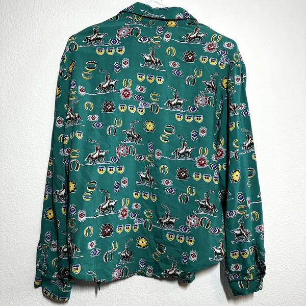 Vintage Roughrider by Circle T Button Down 90s Horse Riding Print AOP Green S - Image 6