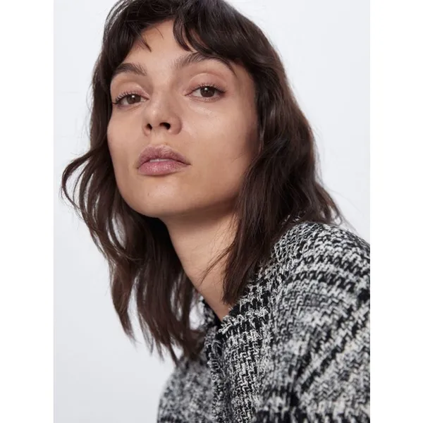 Zara Women's Black White Plaid Tweed Long Sleeve Crew Neck Coat Jacket Top S - Image 6