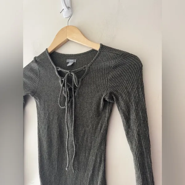 Aerie Ribbed‎ Olive Green Lace Up Long Sleeve Bodysuit - Image 2