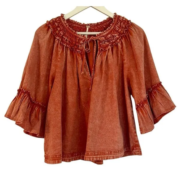 Free people orange mineral wash Ainsley ruffle blouse small - Image 3