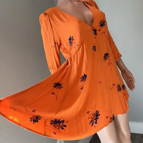 Free People Mini Dress Surplice Wrap Floral Boho Hippie Peasant Orange Bell Sz M - Image 10