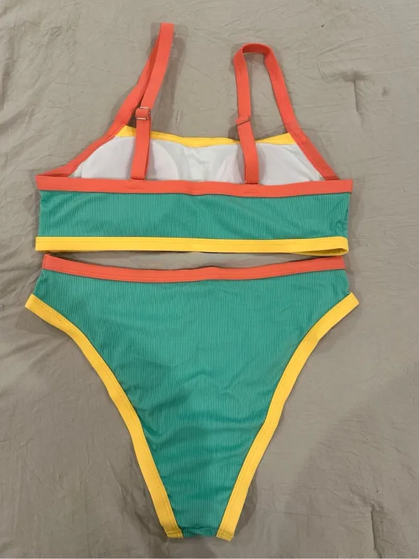 SHEIN Teal Bikini with Yellow and Coral Trim - Image 2