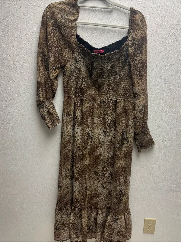 Betsey Johnson Large Brown Animal-print Smocked Maxi Dress With Sheer Sleeves - Image 2