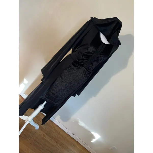 Gothic Hooded Maxi Dress Black Velvet Bell Sleeve Medieval Witchy Gown M/L - Image 8
