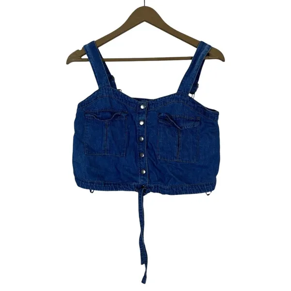 We The Free Denim Solid Camisole Blue Boho Snap Front Crop Top Size XS - Image 2