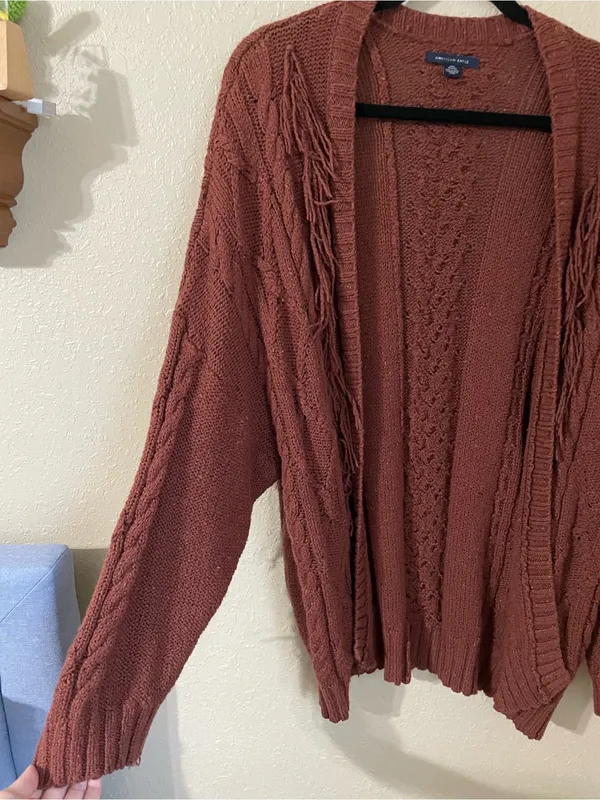 American Eagle Fringe Cable Knit Open Front Cardigan Rust Size XS/S Oversized - Image 11
