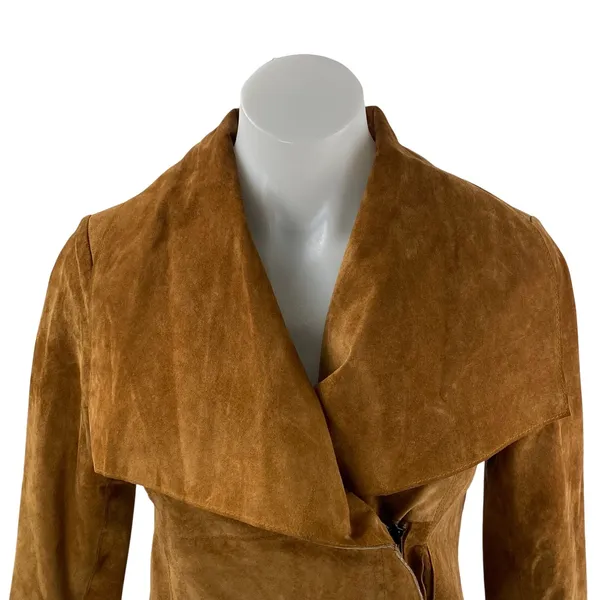 Women's Brown 100% Genuine Leather Long Sleeve Collared Crop Moto Coat Jacket S - Image 2