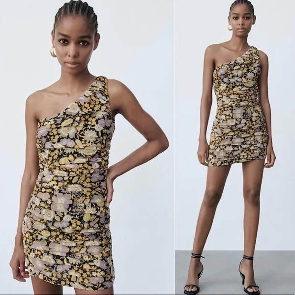 NWT Zara One Shoulder Metallic Floral Mini‎ Dress in Purple Gold Size Medium - Image 9