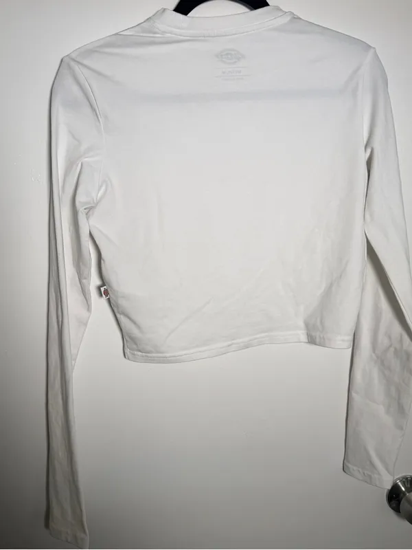 Dickies White Cropped Crewneck Tee with Black Logo Print Womens Medium - Image 6