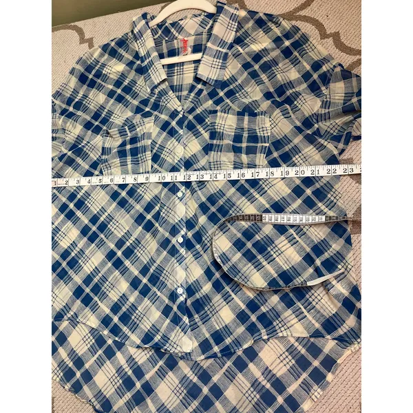 Free People Blue Cream Plaid Sheer Chiffon High Low Blouse Shirt Size Small - Image 9