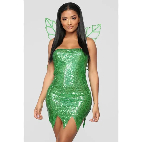 NEW Roma Tinkerbell Fairy Costume Green Glitter Mini Dress with Wings Size Small - Image 2