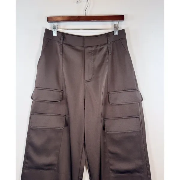 The Noli Shop Womens Pants Brown Milan Satin Cargo Relaxed Full Length Trouser 8 - Image 8