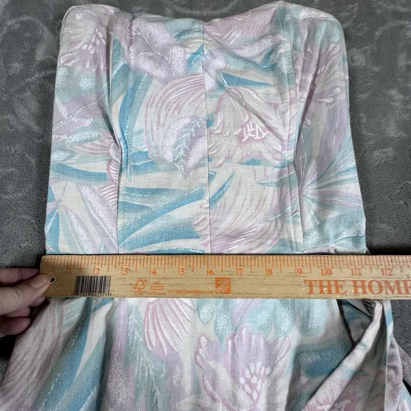 VTG 80s Pastel Strapless Mini Dress 13 Tropical Bird Print Summer Retro Side Tie - Image 5