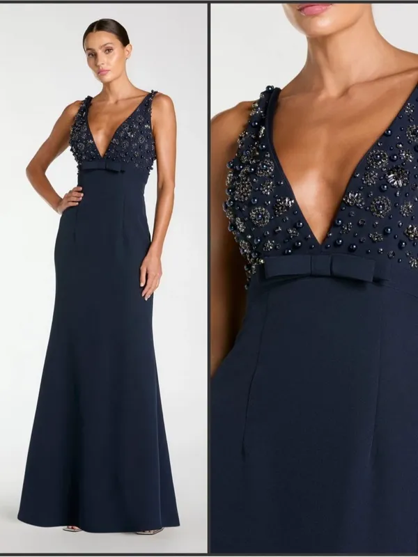 NWOT Mac Duggal 2278 Navy Sleeveless Embellished Crepe Gown With Bow Size 4 - Image 2