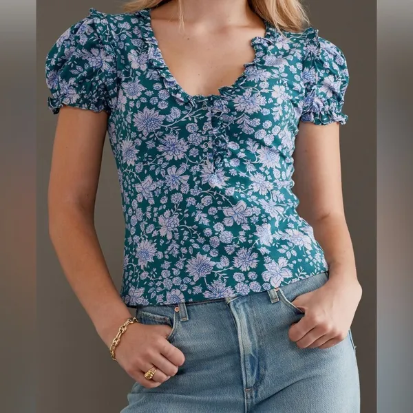 Maeve By Anthropologie Women's Ruffle Puff Sleeve V-Neck Henley Tee Blouse Large - Image 3