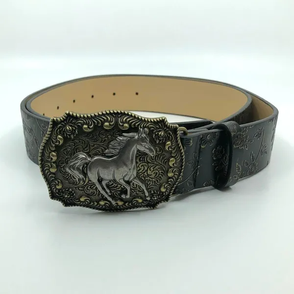 Women's Black Faux Leather Western Belt w/ Horse Buckle, 36.5-45.5 in, X7G9A966 - Image 2