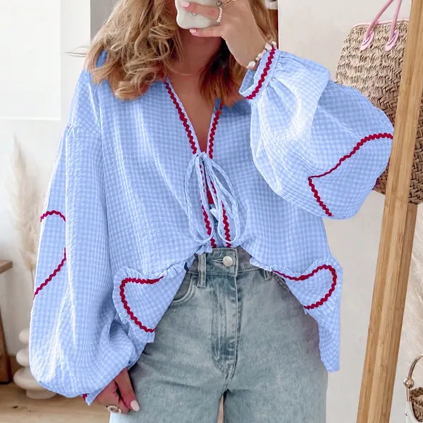 Med. Light Blue Med Gingham Long Sleeve Tie-Front Top with Red Heart Trim - Image 2