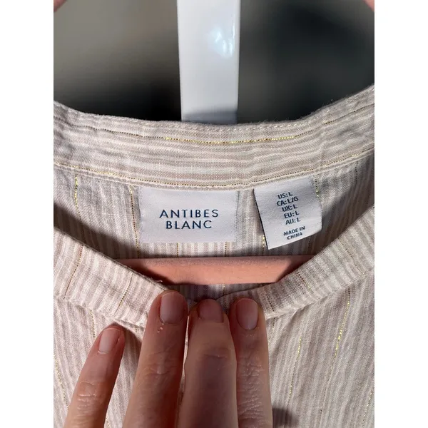 Antibes‎ Blanc Linen Blend Metallic Stripe Swim Cover Up Tunic Dress - Image 7
