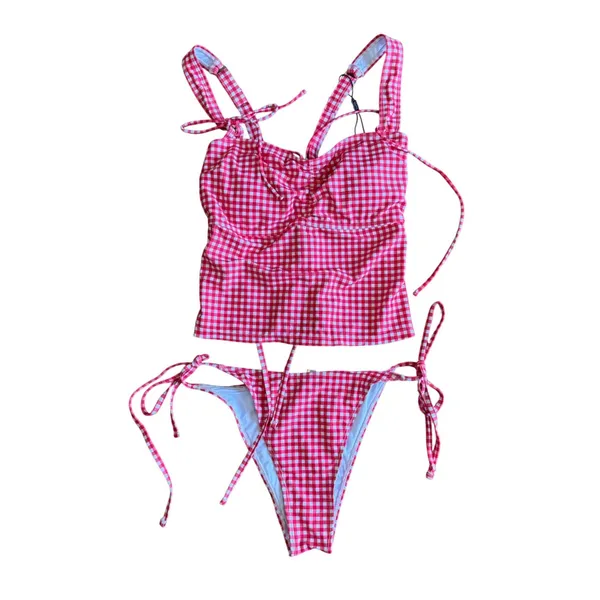 Zaful‎ Red Gingham Tankini Set Tie Shoulder Lace Up Back Swimsuit US 8 New - Image 2