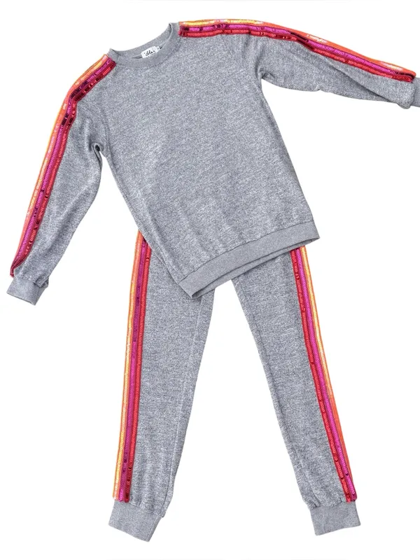 Lola And The Boys Heather Grey Rainbow Sequins Crew Neck Joggers Knit Set Small - Image 2