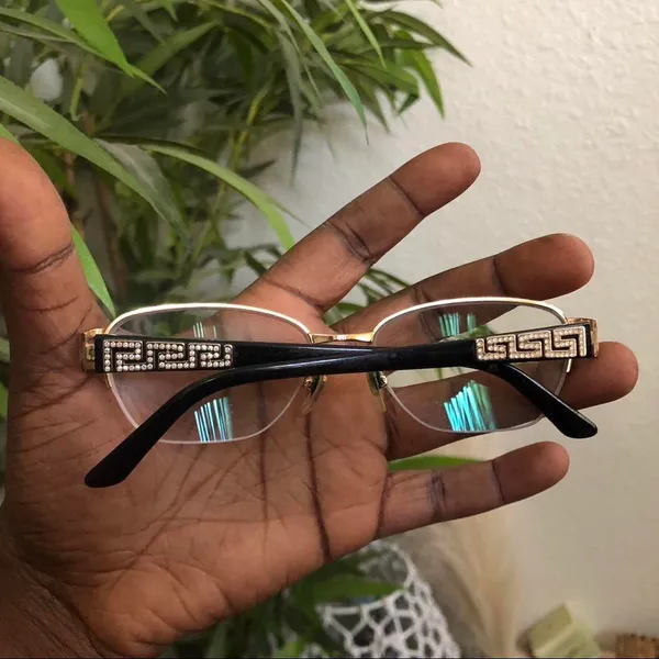 Versace Unisex Eyeglasses Reading Glasses Rectangle Gold Rim Rhinestone Black Frame Prescription lens frame only. No case - Image 2