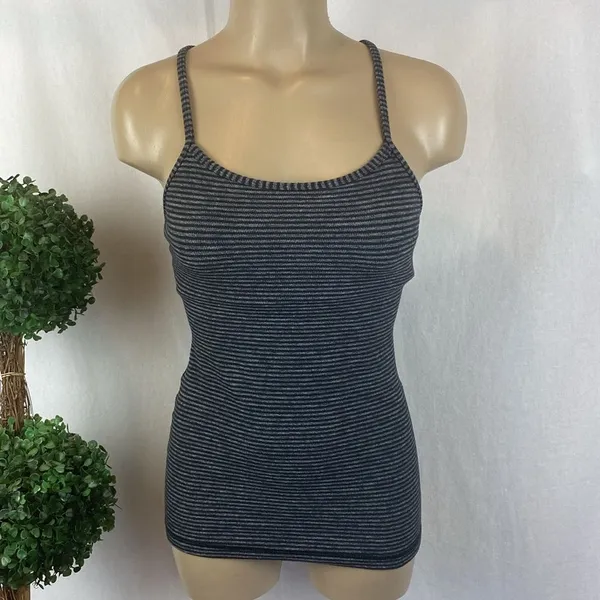 Lululemon Black & Gray Striped Sleeveless Athletic Sport Tank Top 4 - Image 2