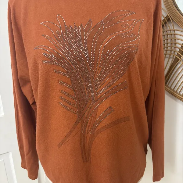 Sioni Embellished Rust Sweater XL Orange Studded Leaf Boho Autumn Western Boxy - Image 4