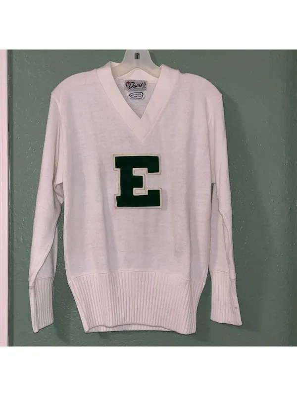 Vintage Cheer Letterman’s Sweater E College Sports Team E Green V Neck sweater - Image 3