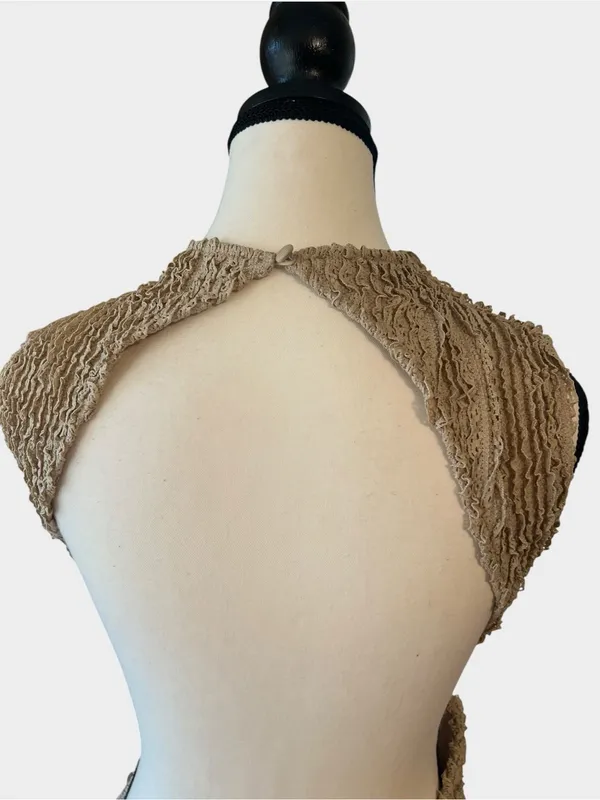 NWT Babyboo Aphrodite Beige Textured Ruched Open Back Mini Dress M - Image 4