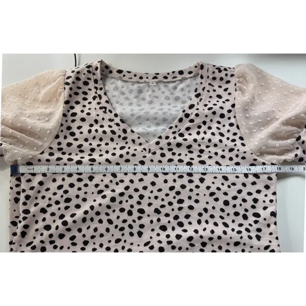 Tan Beige Black Dalmatian Print V Neck Blouse Sheer Swiss Dot Mesh Puff Sleeve S - Image 7