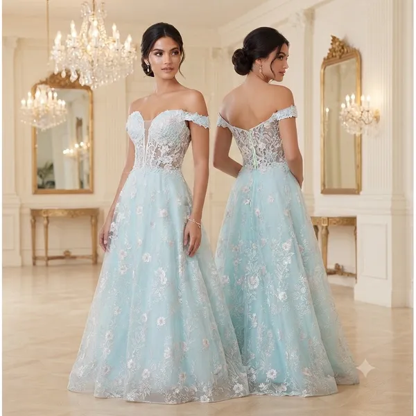 Morrell Maxie Size 4 Aqua White Floral Lace Off‎ Shoulder Formal Gown - Image 2