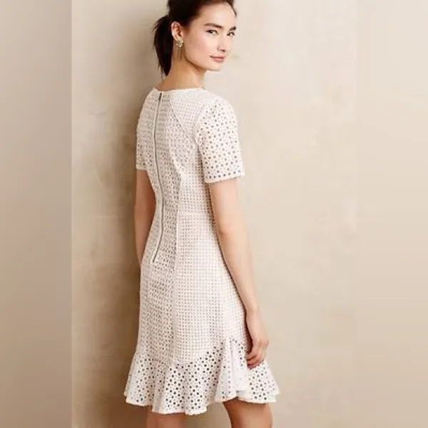Anthropologie HD in Paris Georgia Eyelet Dress Ruffle Hem White US Size 10 - Image 2