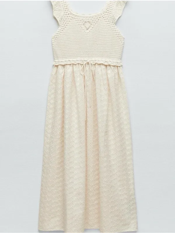 Zara Crochet Eyelet Midi Dress Cream XS Beachy Boho Cottagecore Vacay Hippie - Image 3