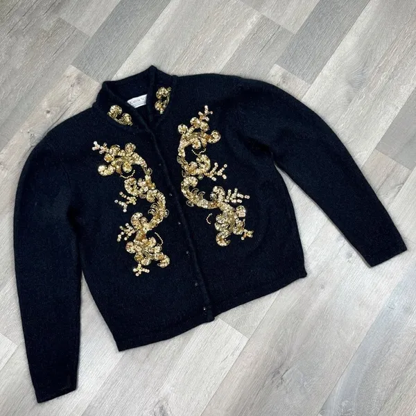 Vintage Karen Scott Sequin Fuzzy Angora Wool Cardigan Sweater Black‎ Gold Medium - Image 11